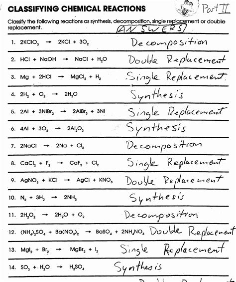 Classifying Chemical Reactions Worksheet Answers