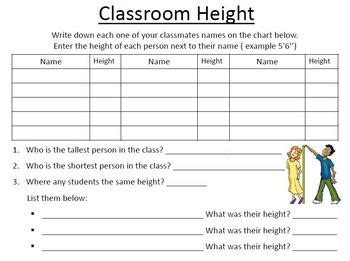 Classroom Height Chart Worksheets Teaching Resources Tpt