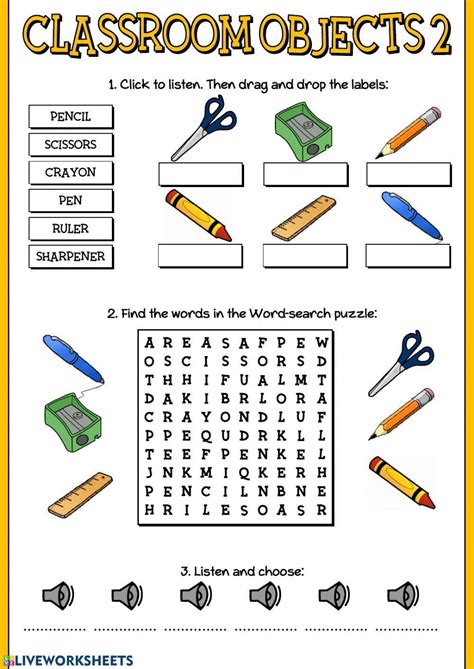 Classroom Objects worksheet for First and second grade Live Worksheets