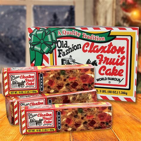 Claxton fruit cake. A blend of nature's finest fruits and nuts, Claxton Fruit Cake has enjoyed a worldwide reputation for quality and value for over 113 years. Our new 3-1 Lb. size features three individually wrapped 16-oz. "Dark" recipe fruit cakes, each packed in our Claxton Gift Carton. Claxton Fruit Cakes make the perfect holiday gift. 