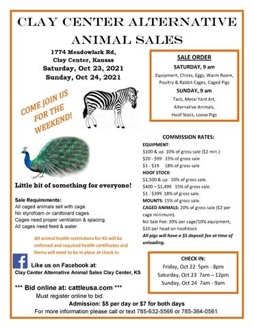 Clay Center Livestock Sales & Alternative Animal Sales. WEBSITE: Visit Website. ADDRESS: Clay Center Livestock Sales & Alternative Animal Sales,Clay Center, KS …. 