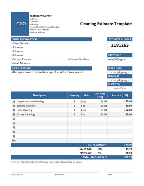 Cleaning Estimate Template Excel