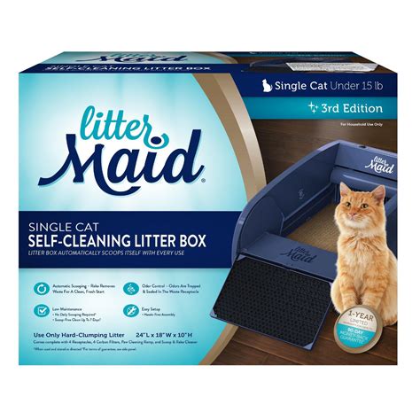 Cleaning litter box. Fully automated litter box. Stays clean for up to 7 days. Suitable for multi-cat households. High walls and paw cleaning ramp. Carbon filters absorb the odors. Comes with 4 waste receptacles and carbon filters, a scoop and rake cleaner. Fully automated litter box. Scoops 20 minutes after cat leaves the box. Self-cleans for up to 2 weeks. 
