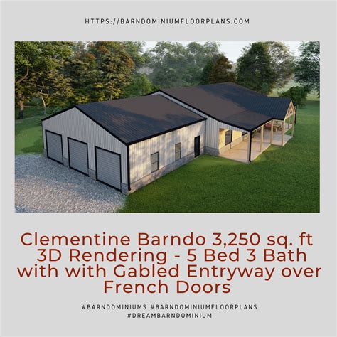 Clementine barndominium. Clementine 5 bedroom 3 bath Barndominium Floor Plan. 3,250 sq. ft. living area, 40’x35′ shop. The Clementine floor plan is another variation of the Isabella, where the living space is mirrored back to front and a … 