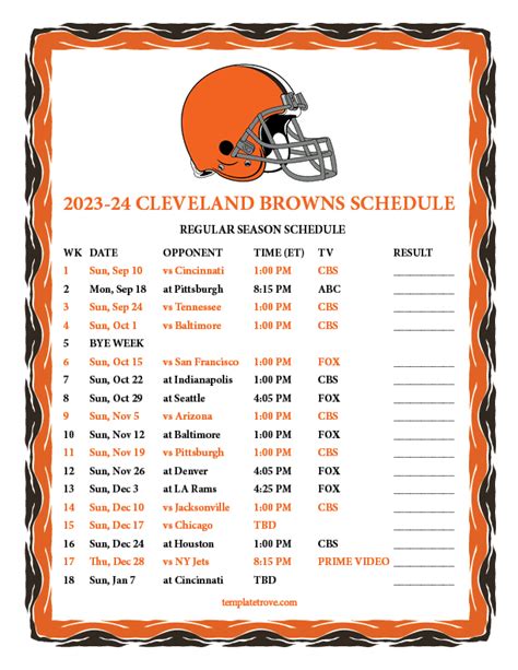 NEW in 2023! Receive a merchandise discount at the Browns Pro Shop at the stadium and online. Get food & beverage discounts at the stadium. Other special offers and gifts throughout the season.. Cleveland browns schedule 2023 printable
