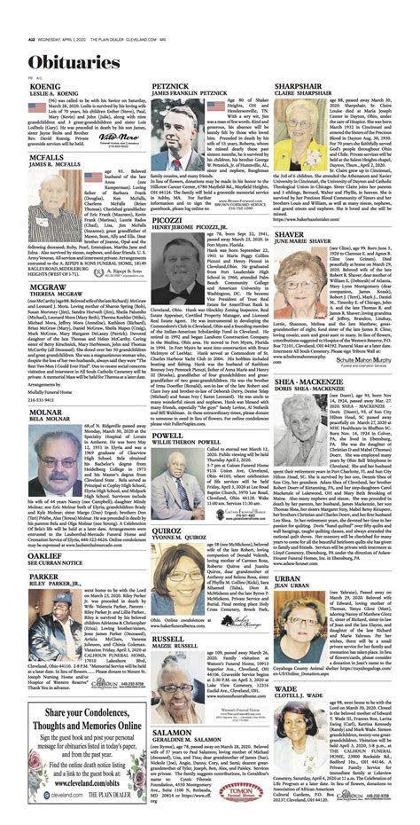 Cleveland plain dealer obituaries for today. Allan is a past president of Avon Oaks Country Club in Avon, Ohio and The Atlantis Golf Club in Atlantis, Florida. A wake will be held Friday, September 22, 2023 from 4 - 7 pm at Corrigan Craciun Funeral Home, 20820 Lorain Rd., Fairview Park, Ohio 44126. Funeral Mass will be Saturday, September 23, 2023 at 10 am at St. Angela Merici Church. 