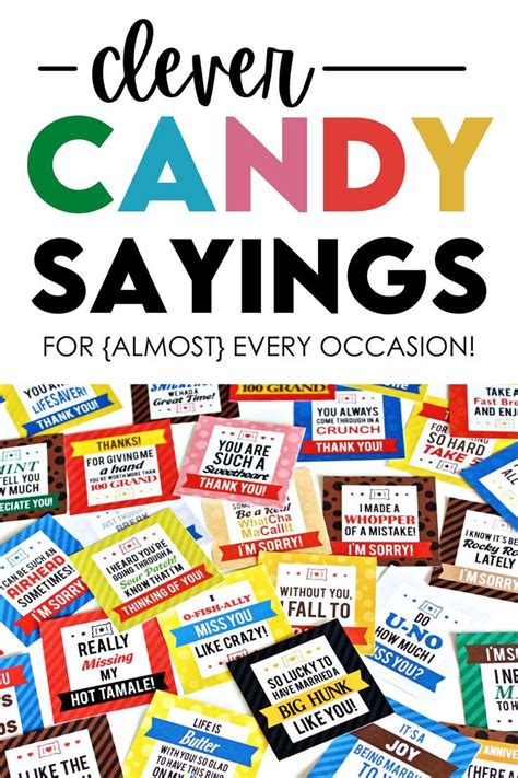 May 19, 2024 · You see candy puns all over the web. Those clever sayings where the candy fits in for the words so you can sweet-talk someone! Don’t snicker, but giving someone a candy bar is a fun and affordable way to show your appreciation. Four free printable tags use cute candy sayings to make a great teacher gift!