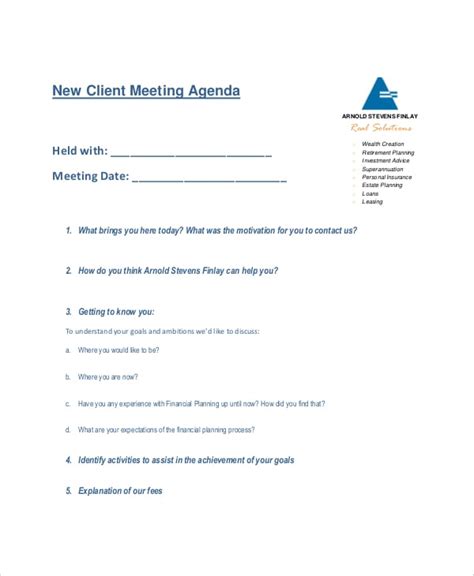 Client Meeting Agenda Template 10+ Samples, Formats in PDF