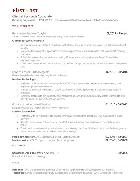 Clinical Research Resume Example
