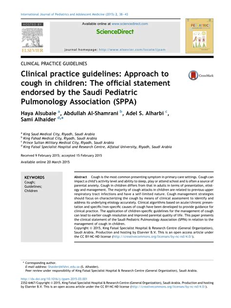 Clinical practice guidelines: Approach to cough in children: The ...