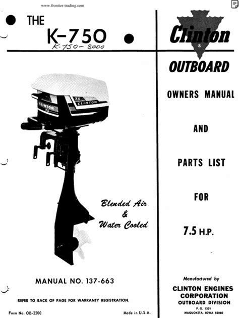 Clinton outboard motor k750 owners parts manual. - Channel master 9512 antenna rotator service manual.