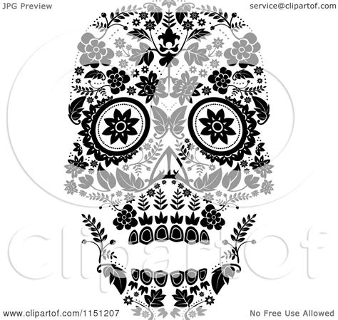 Clipart of a Black and White Ornate Floral Day of the Dead Skull ...