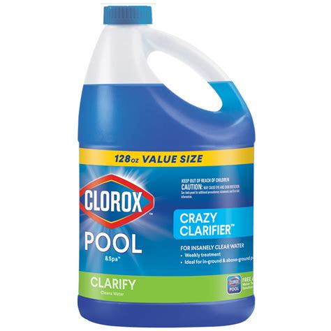 Clorox Pool&Spa Crazy Clarifier. 4.5 out of 5 stars 195. 1K+ bought in past month. $31.10 $ 31. 10 ($0.24/Fl Oz) Save more with Subscribe & Save. FREE delivery Fri, Sep 29 . Or fastest delivery Wed, Sep 27 . More Buying Choices $29.24 (4 used & new offers) Clorox Pool&Spa 43128CLX 42128CLX Pool Algaecide.. 