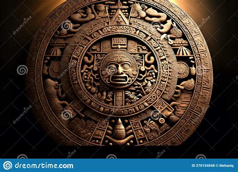 Close view of the ancient Aztec mayan calendar with round pattern and