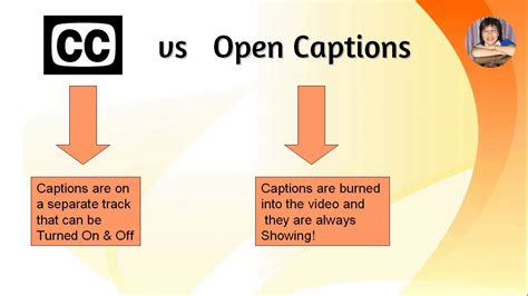 Closed caption vs open caption. Closed captions are most common. For content like video recordings, closed captions exist as a separate file, which allows viewers to switch them on or off. Open captions, by contrast, are burned into the video itself, and cannot be turned off. 
