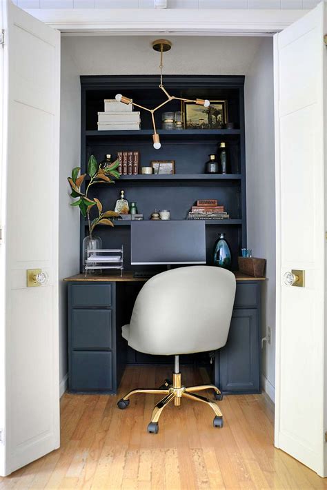Closet office ideas. Step 6. Find a chair. If your closet office is quite small, the closet door may not allow you to store the chair in your office. A stool or small chair which fits into or under the desk would work. A comfortable office chair would be a good option if you spend many hours at the computer. Step 7. 