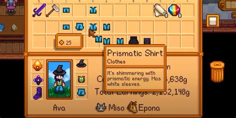 Category: Wearable items. Clothing consists of hats, rings, footwear, shirts, pants, shorts, and skirts that can be equipped in the player's inventory screen. They can be found, bought, and won in several ways (for example, won during festivals or found in the mines). . 