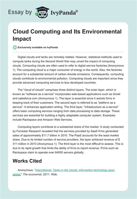 Cloud Computing and Its Environmental Impact 274 Words Essay Example