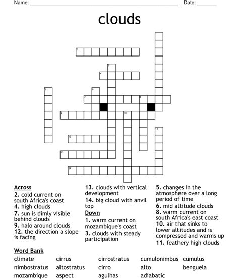 Clouds crossword puzzle. The Crossword Solver found 30 answers to "Cloud nine setting?", 3 letters crossword clue. The Crossword Solver finds answers to classic crosswords and cryptic crossword puzzles. Enter the length or pattern for better results. Click the answer to find similar crossword clues . Enter a Crossword Clue. 