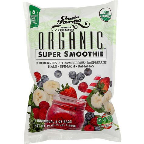 Clovis farms organic super smoothie. Organic Super Smoothie. Clovis Farms. Nutrition Facts. Serving Size: pouch (227 g grams) Amount Per Serving. Calories 100 % Daily Value* 