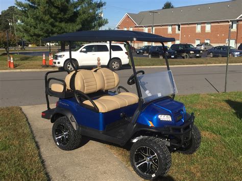 Club car golf cart. Different golf cart models need different size batteries. For example, a Club Car DS might require a 12-volt battery, while an EZGO RXV might need a 6-volt one. The model of your golf cart plays a big role in determining what kind of battery it uses. 
