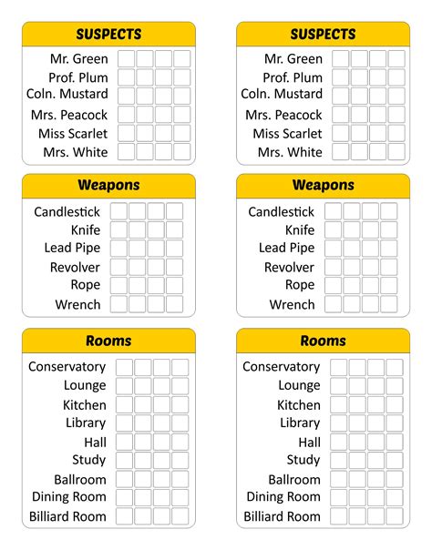 Clue Game Printable Sheets