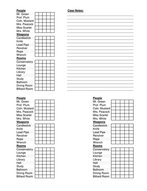 Clue Game Sheet With Case Notes Download Printable PDF Templateroller