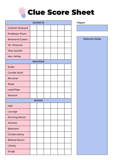 Clue Game Sheets