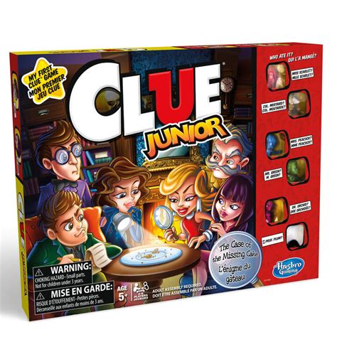 Clue junior. In the Clue Junior* game, players are on a mission to discover who took a piece of cake, when they took it, and what they drank with it. As players find clues, they eliminate choices and eventually discover what happened. 