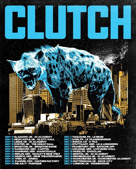 Clutch tour. We make it easy to keep track of Clutch’s latest concert tours, their live shows, and their special events. And with a few clicks you can book the best seats in the house or order tickets for you, your friends, and your loved ones. We make it easy to catch Clutch when they come to town. Apr 26, 2024. Fri 8:00 PM. 