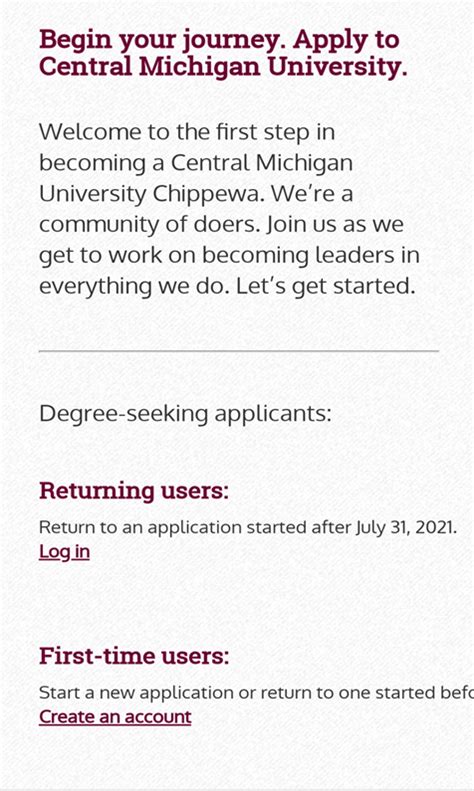 Cmu application portal. Apply to Central Michigan University. Welcome to the first step in becoming a Central Michigan University Chippewa. We're a community of doers. Join us as we get to work on becoming leaders in everything we do. If you're looking to earn a degree at CMU, let's get started. Undergraduate students - apply for free during October! Returning users: 