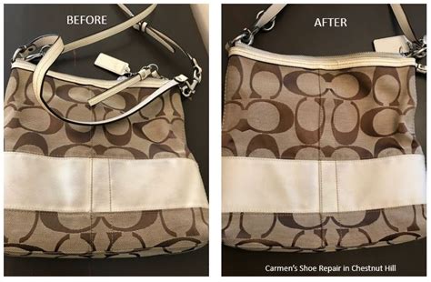 Coach bag repair. Coach bags come in several materials, including leather, fabric, and suede. Knowing what material your bag is made of will determine the best cleaning method for removing the paint. Step 2: Find the Right Cleaning Solutions . The type of cleaning solution you use to remove the paint from your bag depends on the material it’s made of. 