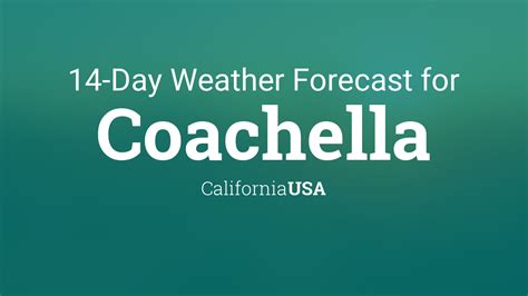 Coachella weather forecast 14 day. 7-Day Zone Forecast for Coachella Valley (Text-Only) NWS Forecast for: Coachella Valley Issued by: National Weather Service San Diego, CA Last Update: 102 PM PDT Wed May 1 2024. Tonight: Mostly clear. Lows 60 to 66. Areas of winds northwest 15 to 25 mph. Gusts to 40 mph...becoming 35 mph overnight. Thursday: Mostly sunny. 