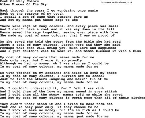 Coat of many colors lyrics. Things To Know About Coat of many colors lyrics. 