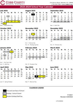 Cobb County School Calendar 2023-2024. Students in Cobb County will have a total of 176 instructional days next school year. That’s one more day than this year’s calendar because the start date was pushed back a week to avoid Labor Day weekend. Cobb County School is a large public school system located in Atlanta, Georgia.. 