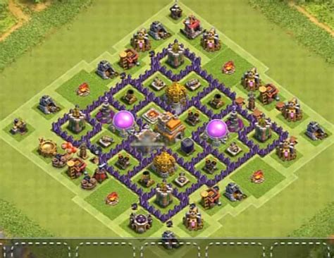 Coc th7 defense base. Trophy Base: this is a base that you can use for your first real trophy push for the Achievement Gems at TH7 with a very well-working compartment design, perimeter structure and defense placement. Farming Base: ring-stlye base with splitter compartments will hold troops away from the core with the Dark Elixir Storage. 