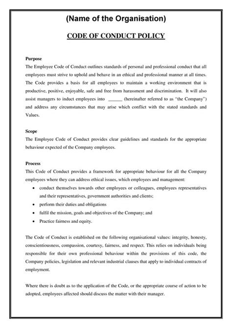 Code of Conduct Sample in Word and Pdf formats