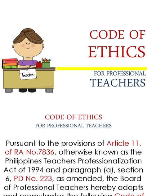 Code of ethics for teachers in classroom.  Teachers must abide by all school and Code of Eth...