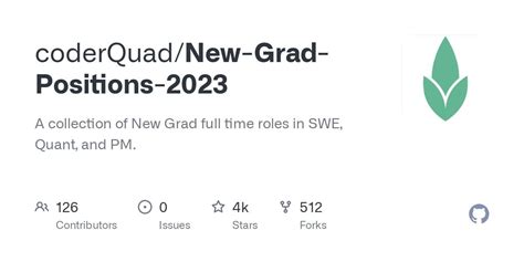 Coderquad. The popular coderQuad/New-Grad-Positions-2022 Github repo has just been converted for 2023. Be sure to keep tabs on it if you are a senior in college looking for full time jobs! Should be fairly fleshed out with job postings by August as companies post more positions. 