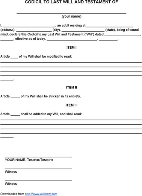Codicil to Last Will and Testament Sample Template