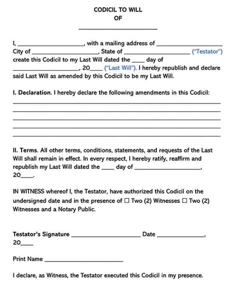 Codicil to will form in Word and Pdf formats