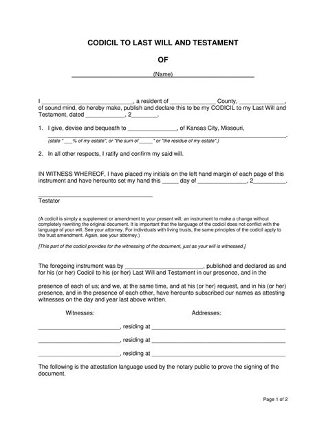 Codicil to will template in Word and Pdf formats