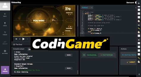 Codinggame. CodinGame. CodinGame is a turn-based game that lets you play in 1 of 25 different languages including Java, Python, JavaScript, Swift, and more. Gameplay requires that you solve different coding challenges by relying on new concepts the game will teach you. You can play by yourself or compete against others. 
