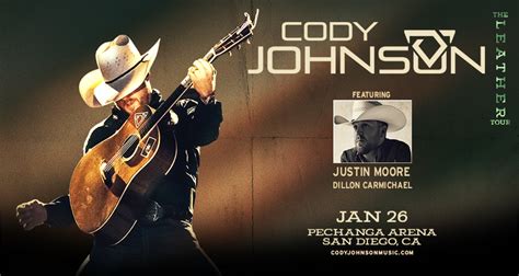 Cody Johnson’s electric stage presence will have you having a boot-stompin’ good time no matter what the venue, so grab your boots and get ready to head down to Georgetown, Texas. ... CA Pechanga Arena. 1-27 Glendale, AZ Desert Diamond Arena . 2-2 Nashville, TN Bridgestone Arena .... 