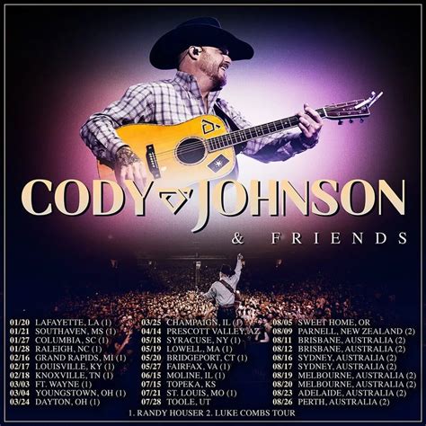 Cody johnson setlist 2023. Jun 24, 2023 · Following concerts. Cody Johnson Country Thunder Wisconsin 2023 - Jul 20, 2023 Jul 20 2023. Cody Johnson Chaifetz Arena, St. Louis, MO - Jul 21, 2023 Jul 21 2023. Last updated: 10 Oct 2023, 12:52 Etc/UTC. 