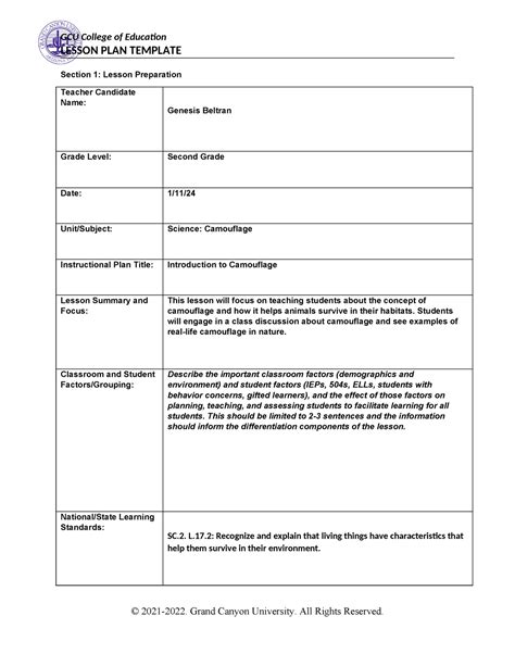 Coe lesson plan LESSON PLAN TEMPLATE Section 1 Lesson Preparation