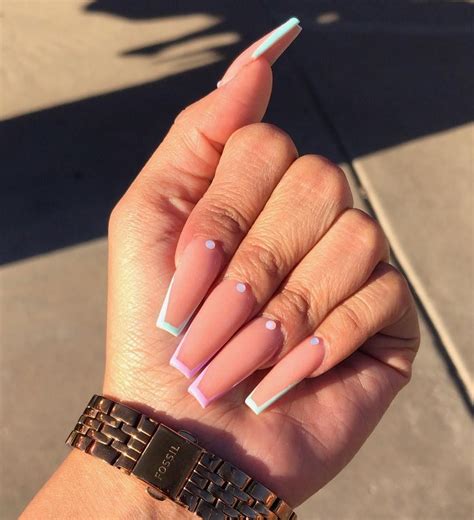Coffin shaped nails french tip. Create a square shape first. "It's best to start off with square nails," Truong says. So file the top of your nail completely flat and make 90-degree angles on the edges. This is more of a pre-step that makes creating the coffin shape easier. 3. 