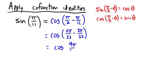 A function f is cofunction of a function g if f(A) = g(B) when A and B are complementary angles. sin(A) = cos(B), if A + B = 90° sec(A) = scs(B), if A + B = 90° tan(A) = cot(B), if A + B = 90° The following figures give the cofunction identities. Scroll down the page for more examples and solutions on how to use cofunction identities.. 