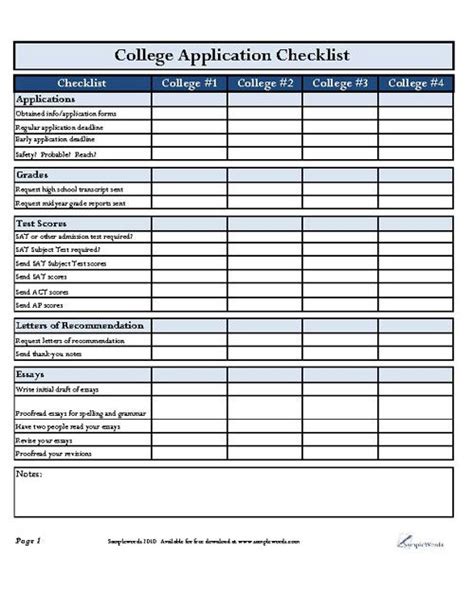 College Application Checklist PDF List Document Organizer College