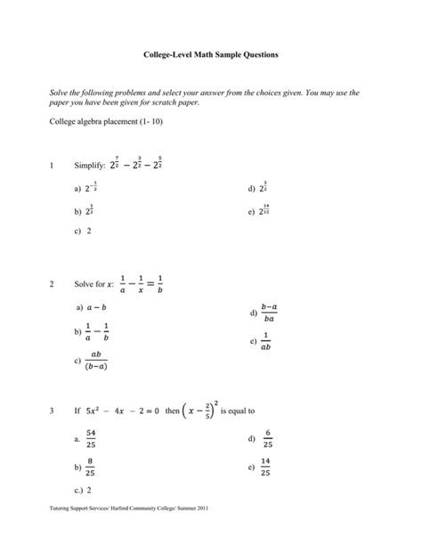 College Level Math Sample Questions